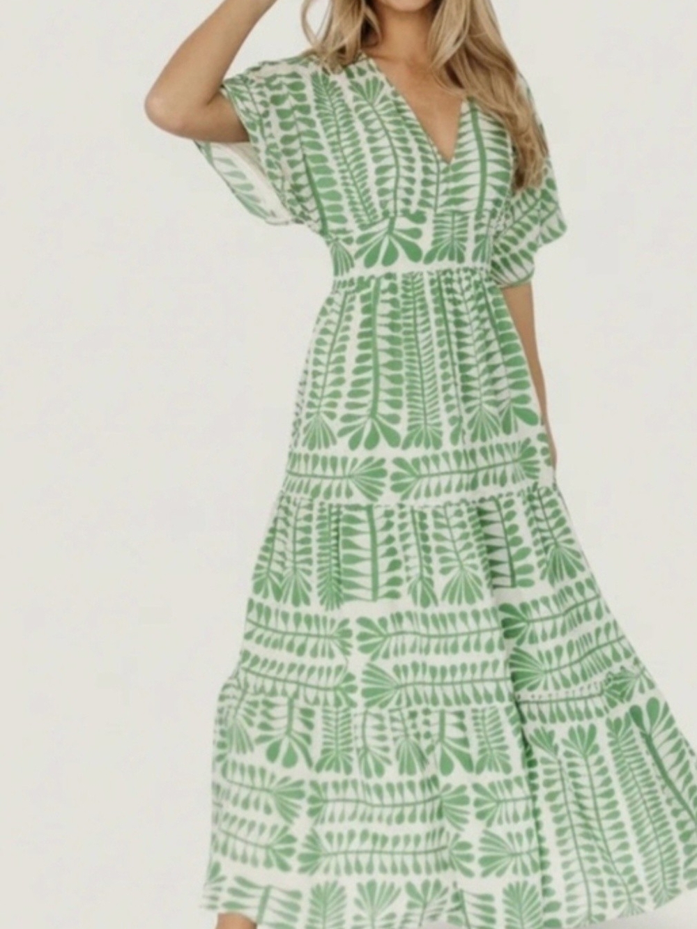 Baltic Born Green Botanical Print Tiered Maxi Dress 1XL NWT